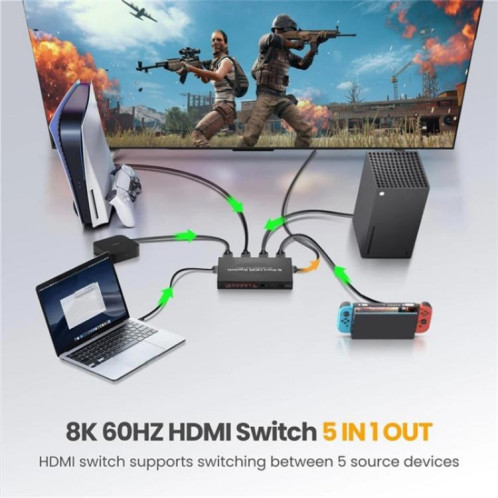 Commutateur HDMI 2.1 5x1 Q8-5 pour home cinéma/bureau, commutateur vidéo de jeu 8K 60 Hz, prise : prise américaine SH3601578-09